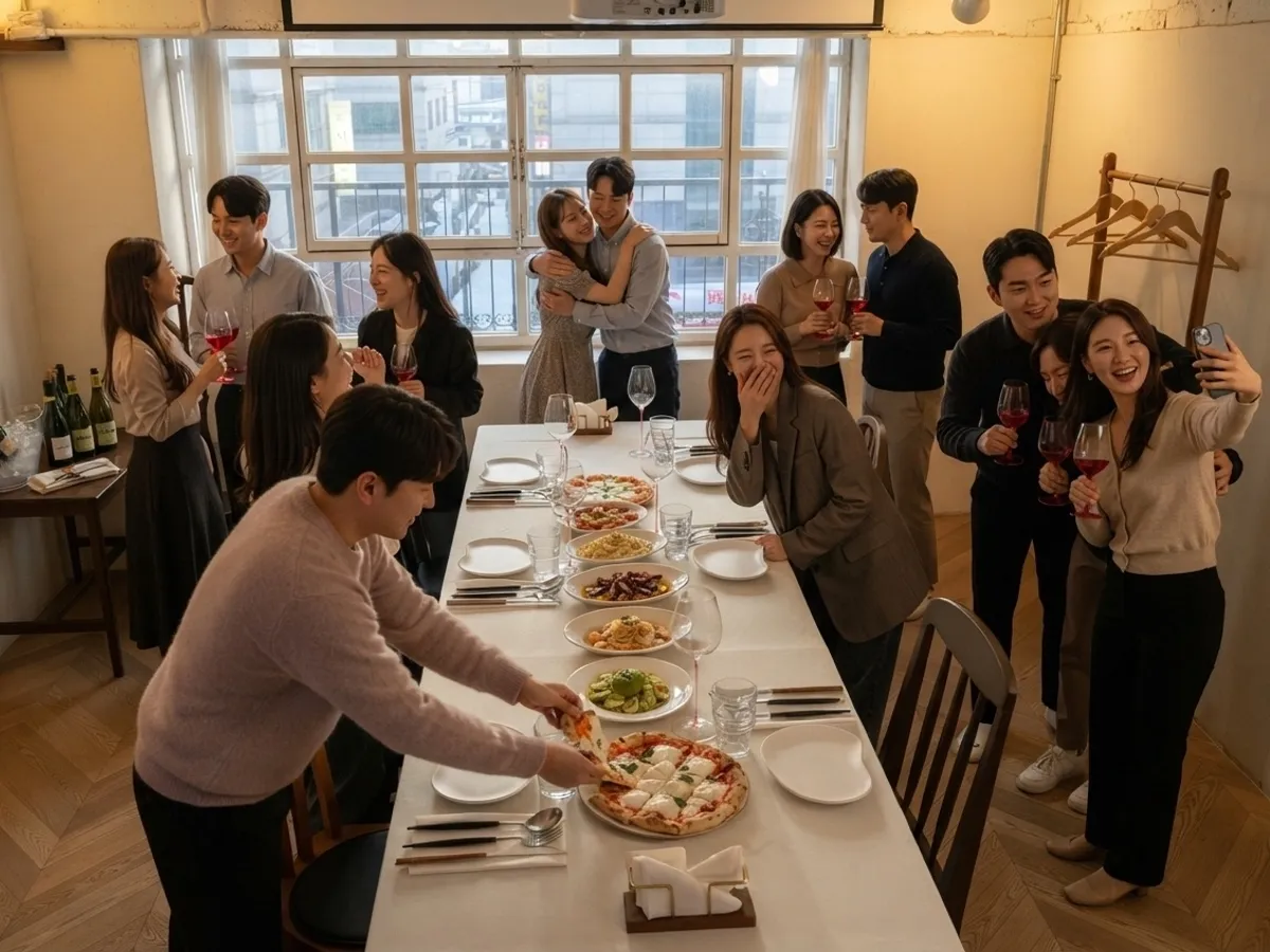 긴 테이블에 둘러앉은 10~20인 단체 모임