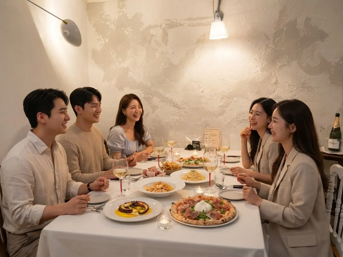 룸에서 와인과 함께 웃음이 오가는 남녀 모임