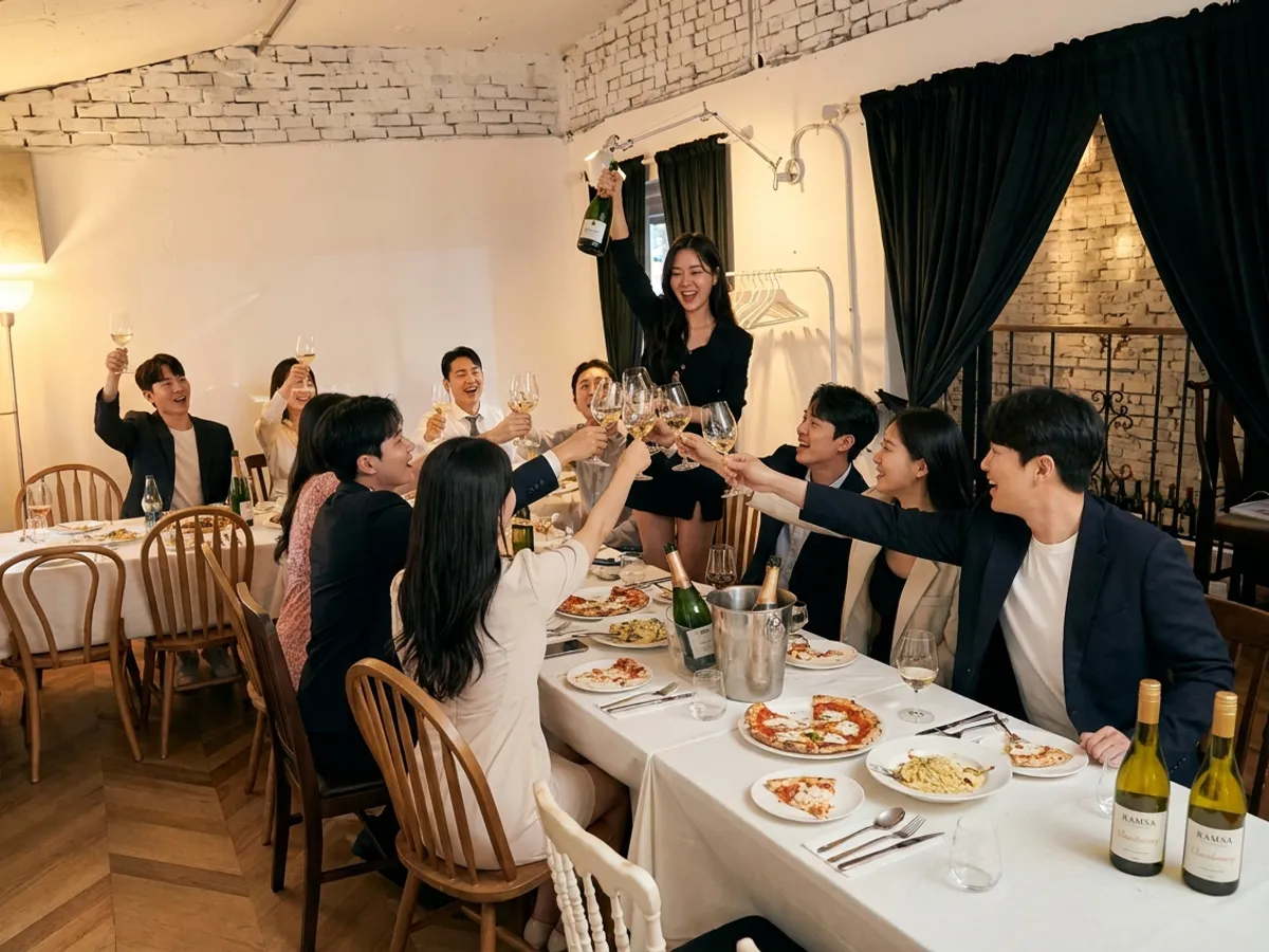 층 대관 연회 테이블에서 건배하는 단체 모임